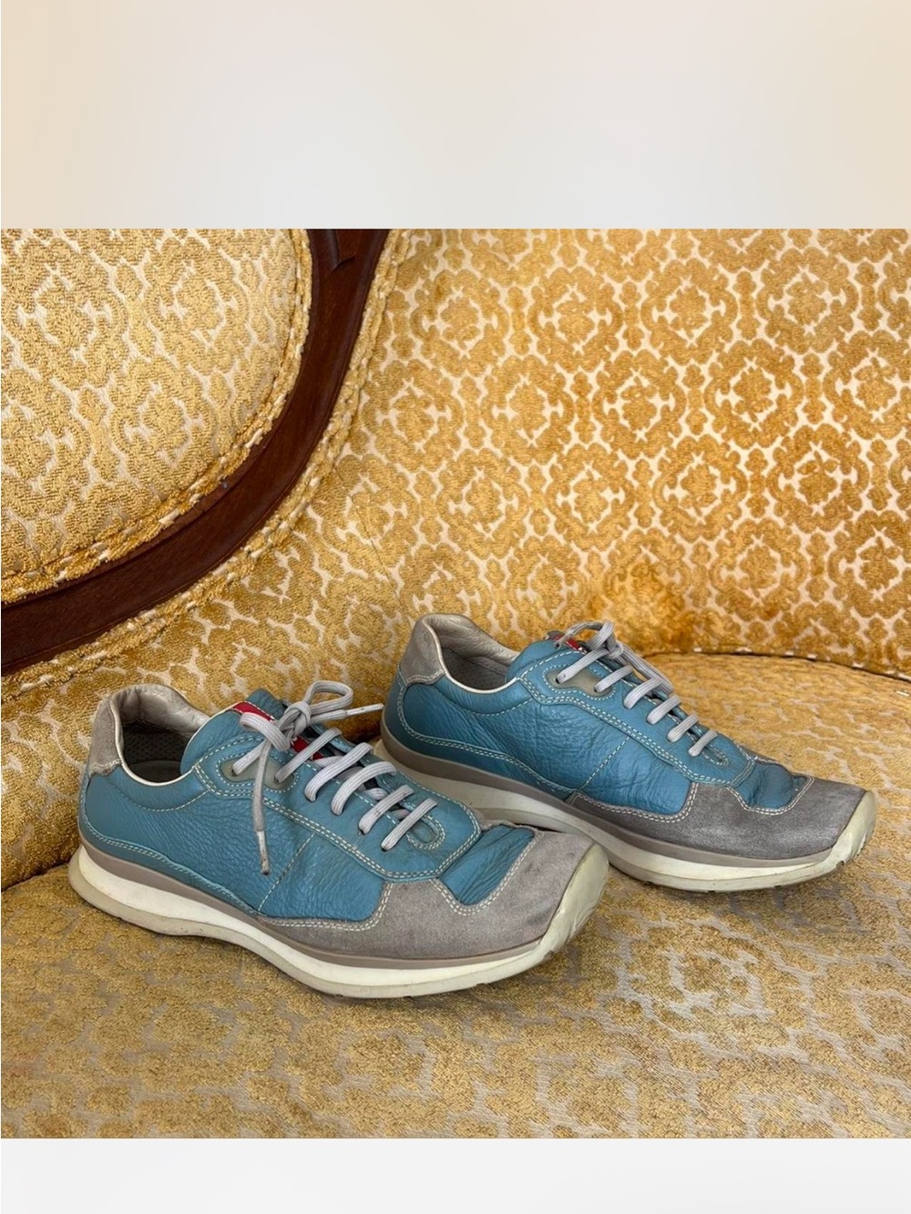 Prada Teal & Gray Leather Lace-Up Sneakers with Red Tongue Stripe - Picture 2 of 8